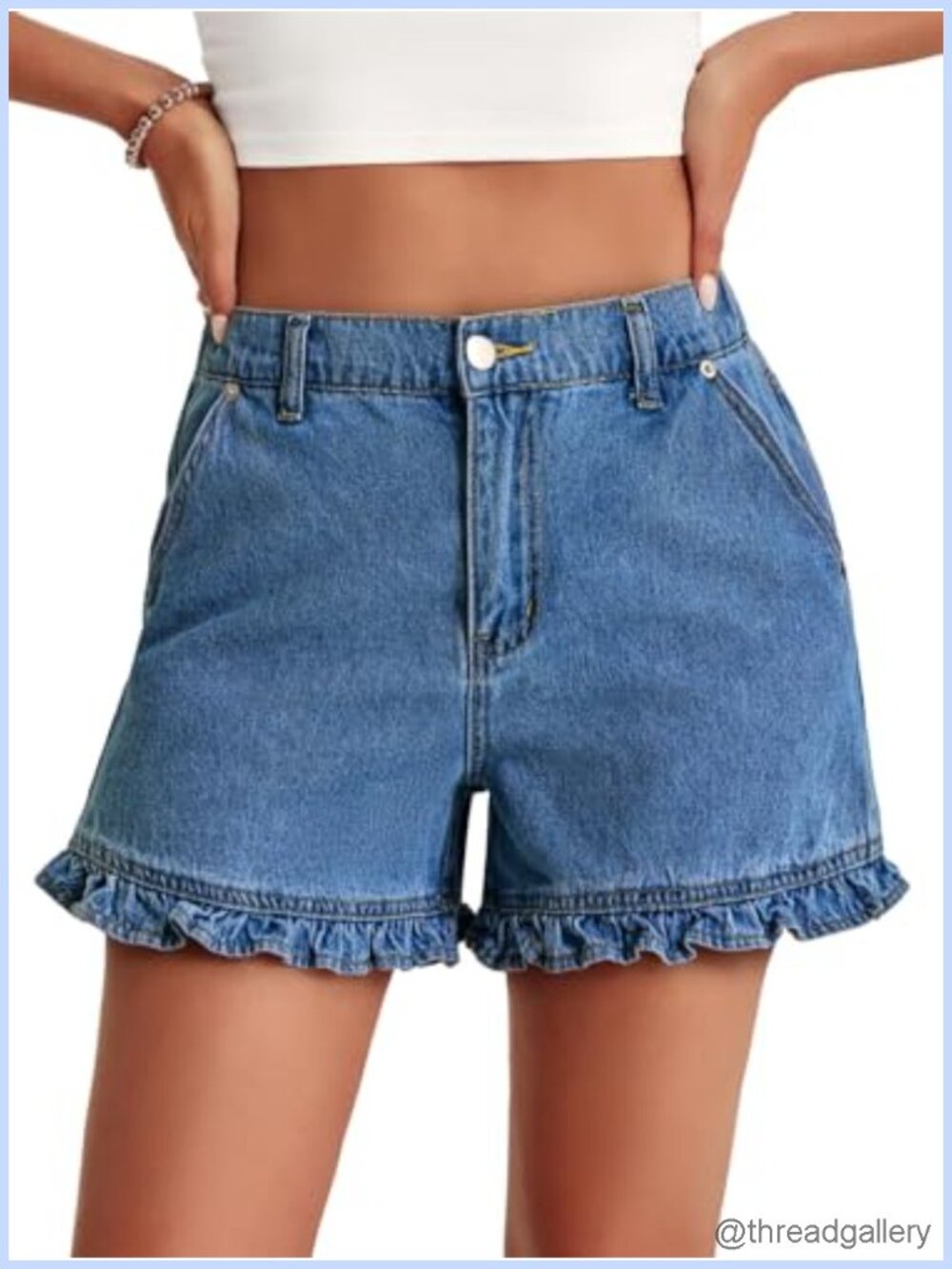 Womens High Rise Ruffle Hem Denim Shorts Side Pockets Casual Summer